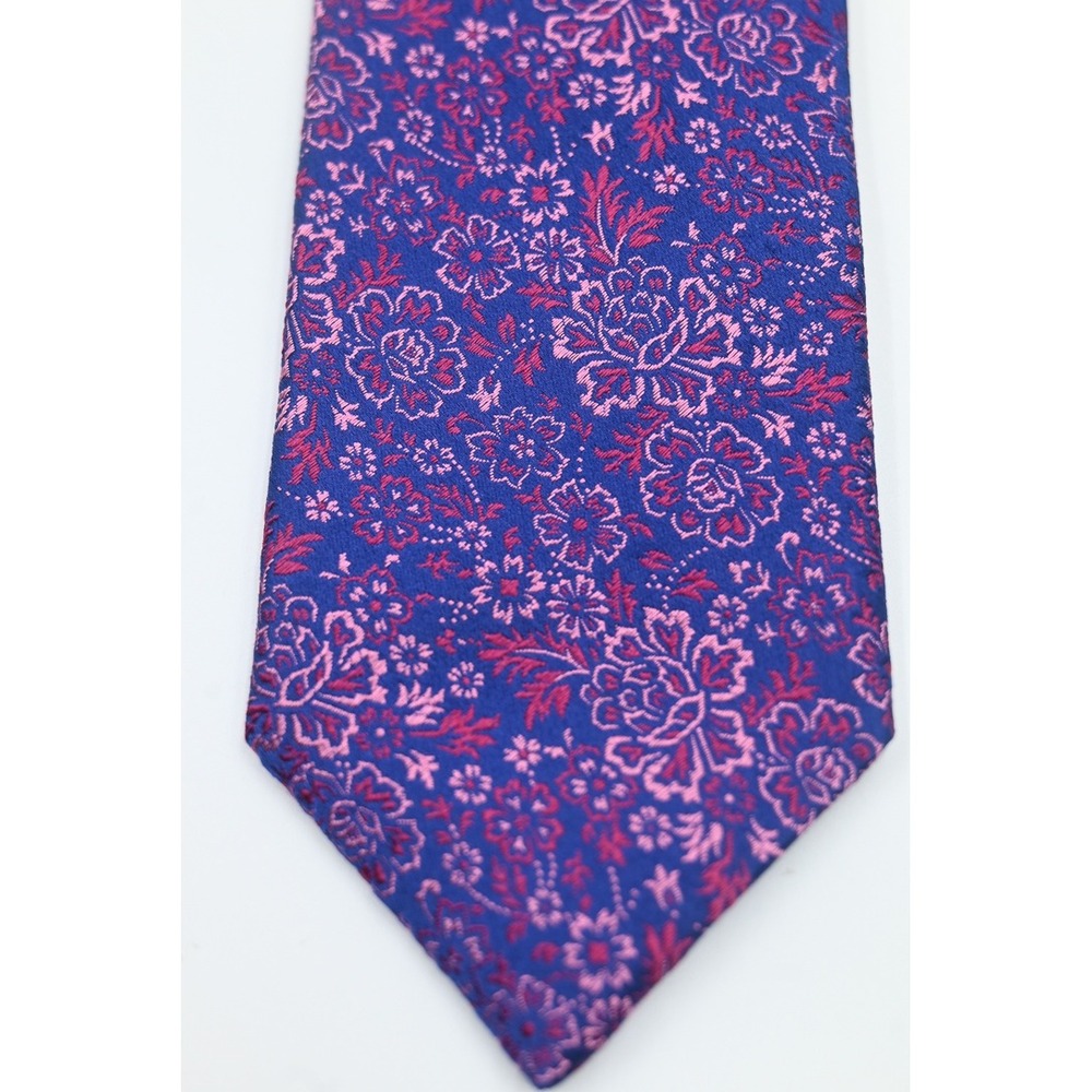 Charles Tyrwhitt Silk Tie Blue Pink Floral Jacquard Made in England Long Necktie